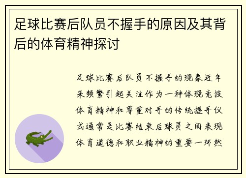 足球比赛后队员不握手的原因及其背后的体育精神探讨