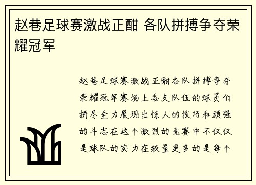 赵巷足球赛激战正酣 各队拼搏争夺荣耀冠军