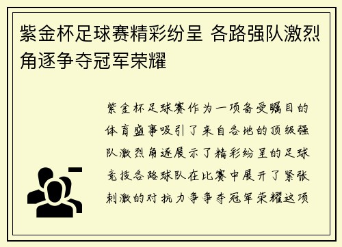 紫金杯足球赛精彩纷呈 各路强队激烈角逐争夺冠军荣耀