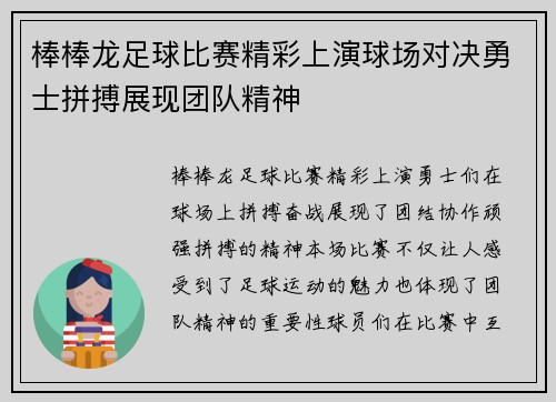 棒棒龙足球比赛精彩上演球场对决勇士拼搏展现团队精神