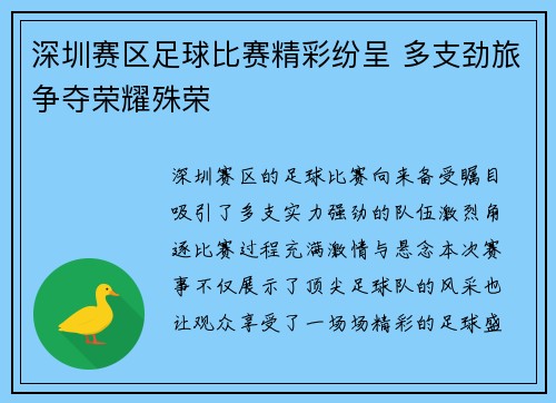 深圳赛区足球比赛精彩纷呈 多支劲旅争夺荣耀殊荣