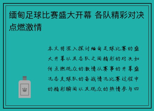 缅甸足球比赛盛大开幕 各队精彩对决点燃激情