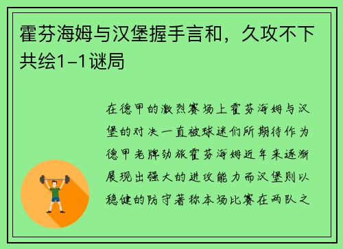 霍芬海姆与汉堡握手言和，久攻不下共绘1-1谜局