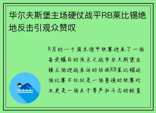 华尔夫斯堡主场硬仗战平RB莱比锡绝地反击引观众赞叹