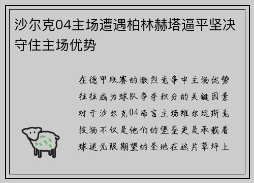 沙尔克04主场遭遇柏林赫塔逼平坚决守住主场优势