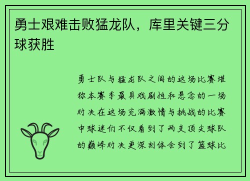 勇士艰难击败猛龙队，库里关键三分球获胜