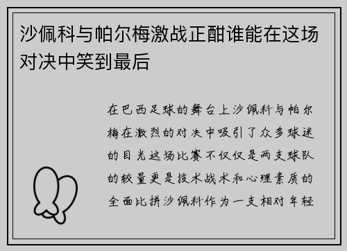 沙佩科与帕尔梅激战正酣谁能在这场对决中笑到最后