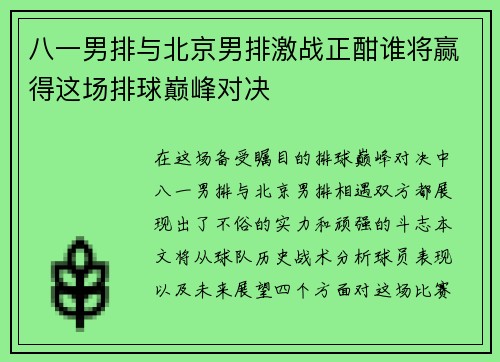 八一男排与北京男排激战正酣谁将赢得这场排球巅峰对决