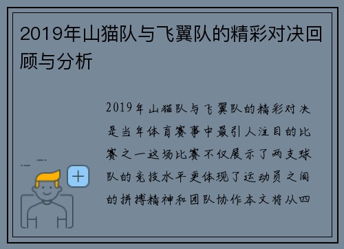 2019年山猫队与飞翼队的精彩对决回顾与分析