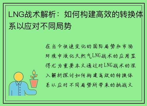 LNG战术解析：如何构建高效的转换体系以应对不同局势