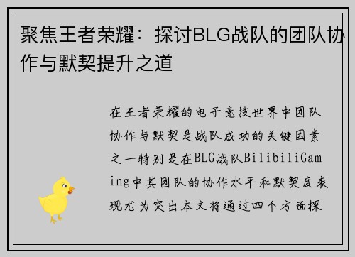 聚焦王者荣耀：探讨BLG战队的团队协作与默契提升之道